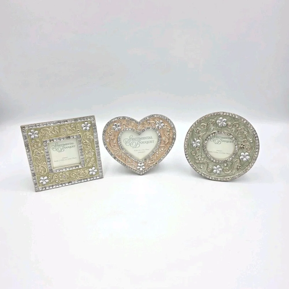 3 Sentimental Bouquet‎ Mini Photo Picture Frames Metal & Rhinestones Multicolor